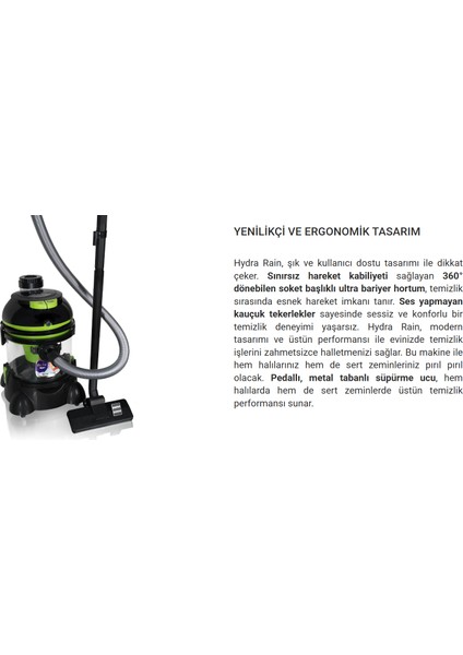 Arnika Hydra Rain Su Filtreli Halı Yıkama Makinesi 2400 W -Hepa 13 Filtre Çift Tank Sistemi ve Uzun Kablo