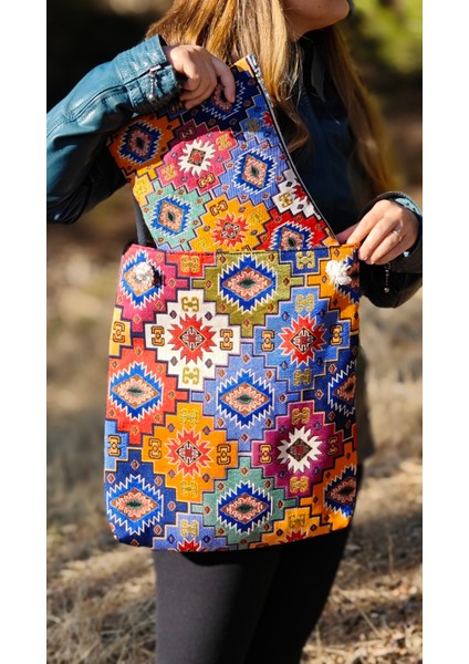 Kilim Desen Bez Çanta & Portföy Clutch El Çantası, Etnik Omuz Çanta, Makine Dokuma Kalın Kumaş Çanta