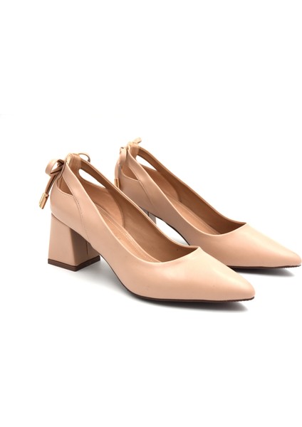 (Park Moda) Arkası Fiyonklı Kalın Topuklu Kadın Ayakkabı Nut