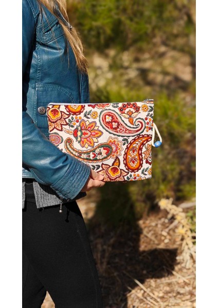 Otantik Bez Çanta ve Portföy Clutch El Çantası, Etnik Omuz Çanta, Makine Dokuma Kalın Kumaş Çanta