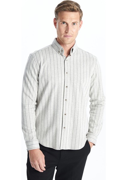 Gri Slim Fit Uzun Kollu Çizgili Erkek Gömlek
