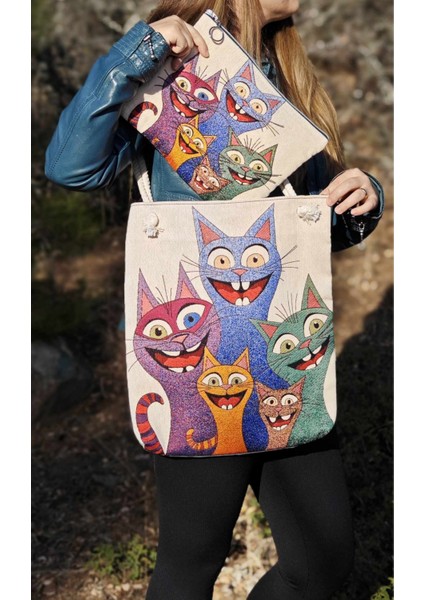 Mutlu Kedi Bez Çanta ve Portföy Clutch El Çantası, Kedili Omuz Çanta, Kedisi Olanlar Için Hediye Set