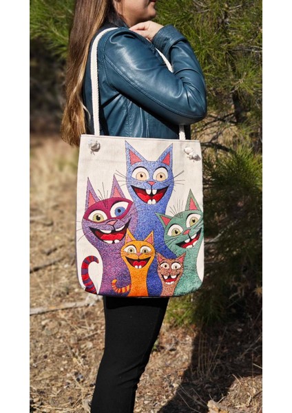 Mutlu Kedi Bez Çanta ve Portföy Clutch El Çantası, Kedili Omuz Çanta, Kedisi Olanlar Için Hediye Set
