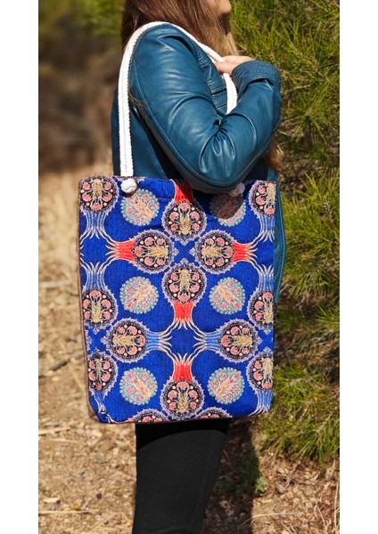 Mavi Etnik Desen Bez Çanta, Lale Motif Omuz Çanta, Makine Dokuma Gabardin Çanta, Kalın Kumaş Çanta