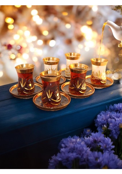 Çay Bardağı Seti Lüks 6 Kişilik 12 Parça Altın Yaldızlı Kesme