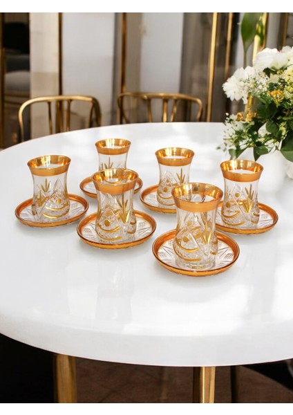 Çay Bardağı Seti Lüks 6 Kişilik 12 Parça Altın Yaldızlı Kesme