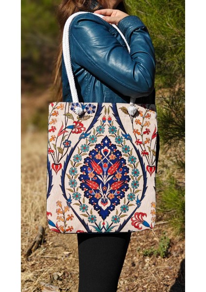 Osmanlı Etnik Desen Bez Çanta, Lale Motif Omuz Çanta, Makine Dokuma Gabardin Çanta,kalın Kumaş Çanta