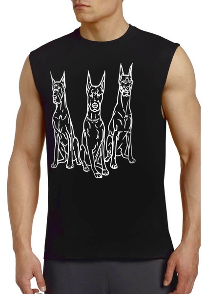 Doberman Trio Siyah Kesik Kol / Kolsuz Erkek T-Shirt