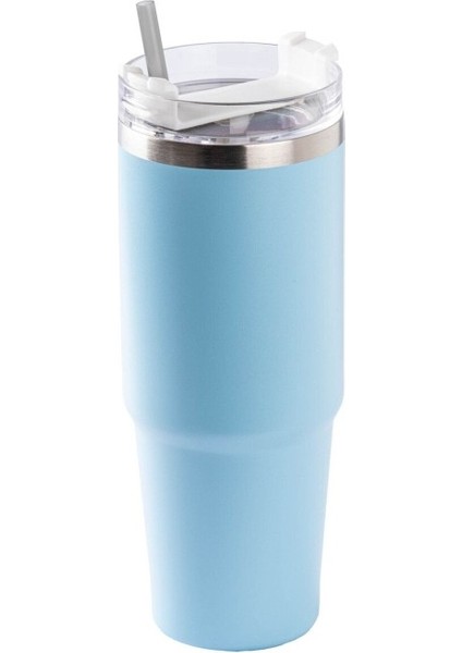 Mavi Paslanmaz Çelik Pipetli Termos Bardak 890ML