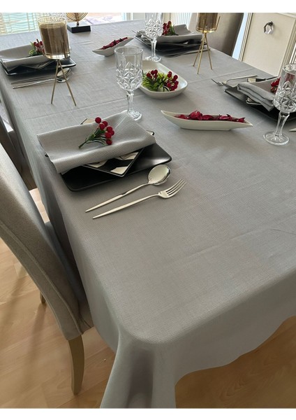 Polyester Keten Etamin Dokulu Dertsiz Masa Örtüsü Gri Rengi + 12 Peçete