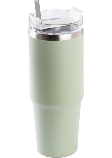 Yeşil Paslanmaz Çelik Pipetli Termos Bardak 890ML