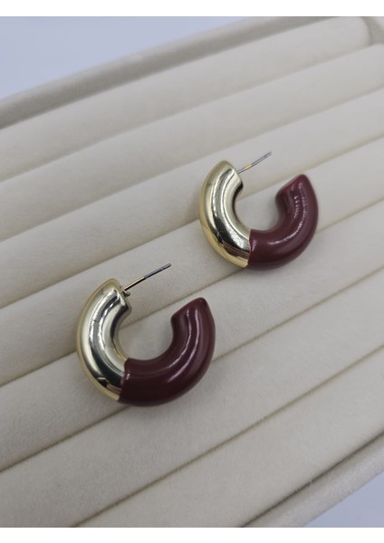 Round Gold Bordo Çift Renkli Halka Küpe