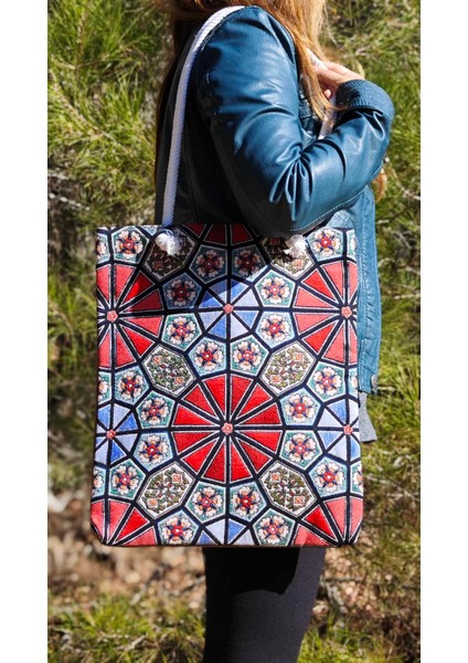 Geometrik Desenli Bez Çanta, Makine Dokuma Gabardin Çanta, Kalın Kumaş Çanta, Renkli Bez Omuz Çanta