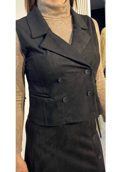 Süet Kruvaze Yelek Siyah