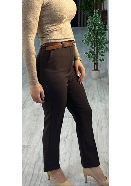 Yüksek Bel Yan Cepli Bilek Boy Kemerli Pantolon Kahverengi fiyatları