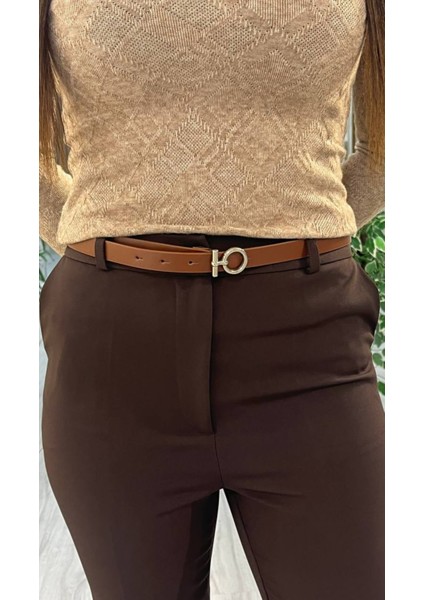 Yüksek Bel Yan Cepli Bilek Boy Kemerli Pantolon Kahverengi modelleri