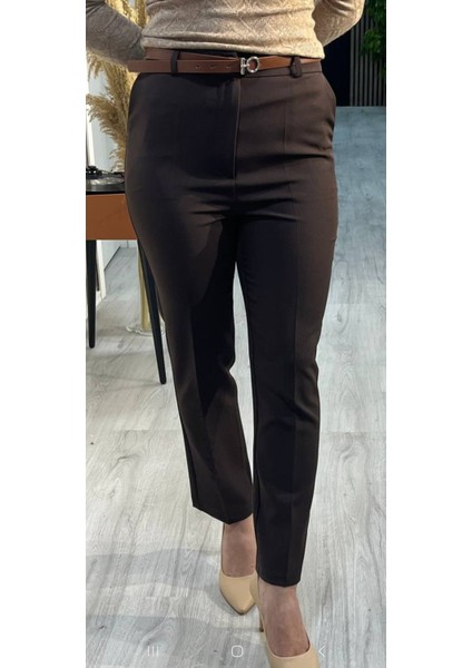 Yüksek Bel Yan Cepli Bilek Boy Kemerli Pantolon Kahverengi fırsatları