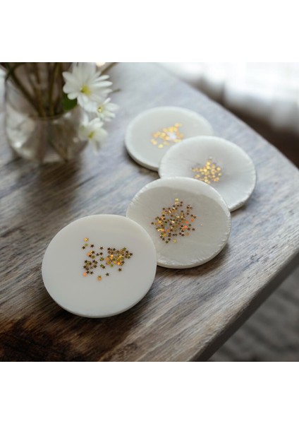 Epoksi Reçine Bardak Altlığı - 4'lü Takım - Beyaz ve Altın Glitter