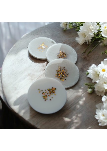 Epoksi Reçine Bardak Altlığı - 4'lü Takım - Beyaz ve Altın Glitter modelleri