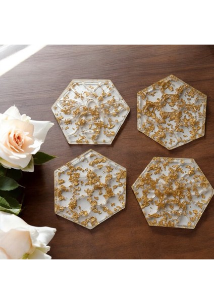 Epoksi Reçine Bardak Altlığı - 4'lü Takım - Altın Varaklı