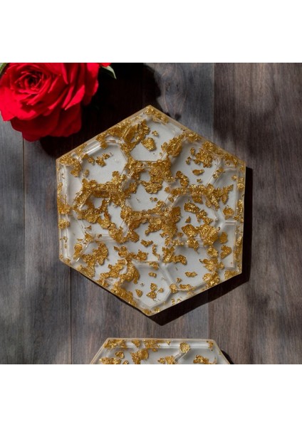 Epoksi Reçine Bardak Altlığı - 4'lü Takım - Altın Varaklı fırsatları