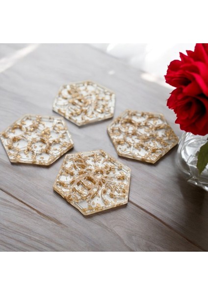 Epoksi Reçine Bardak Altlığı - 4'lü Takım - Altın Varaklı indirimleri