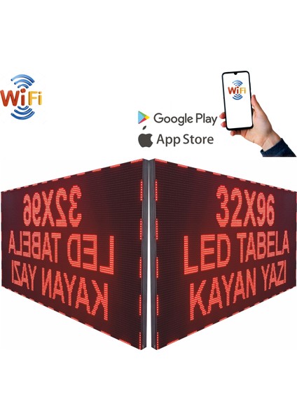 LED Tabela 32X96CM Çift Taraflı Kayan Yazı Wifi (Telefondan Yazı Değiştirme)Kırmızı