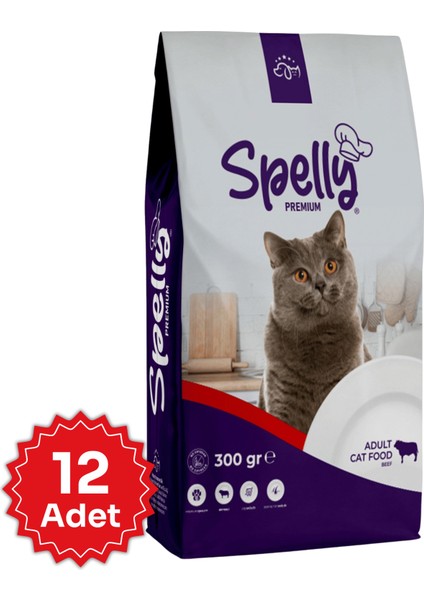 12 adet x Spelly Premium Yetişkin Kedi Maması - Biftek (0,3kg)
