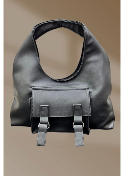 Düğmeli Cepli Kemer Detaylı Siyah El ve Omuz Çantası