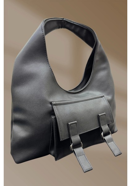 Düğmeli Cepli Kemer Detaylı Siyah El ve Omuz Çantası fiyatları