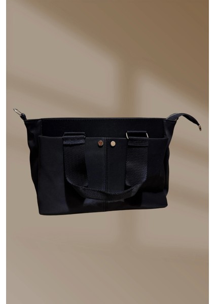 3 Cepli Fermuarlı Siyah Saten El ve Omuz Çantası