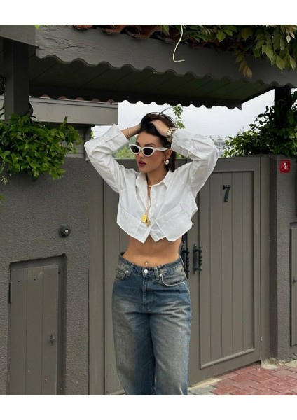 Butik Nis Cep Detaylı Crop Asimetrik Gömlek
