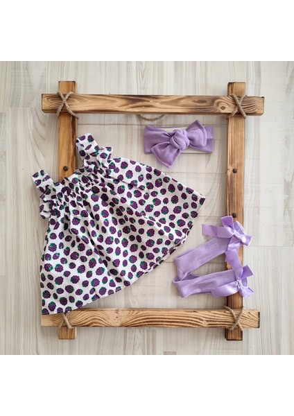 Kız Bebek Ahududu Baskılı Elbise Meyveli Bandana ve Fiyonklu Çorap 3'lü Takım