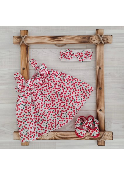 Kız Bebek Kiraz Baskılı Elbise (Fiyonklu Bandana ve Ayakkabı ) 3'lü Takım