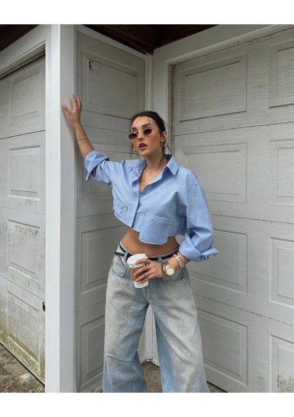 Butik Nis Cep Detaylı Crop Asimetrik Gömlek