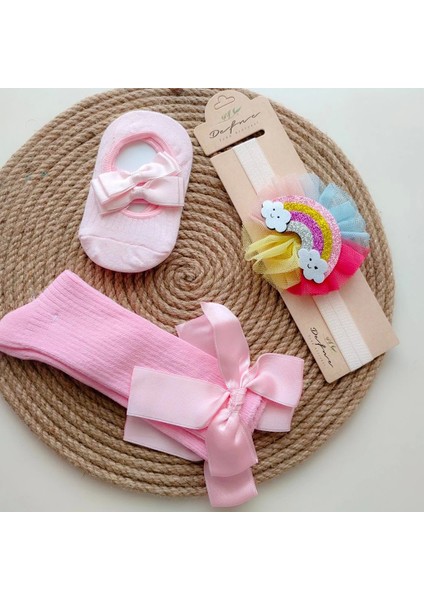 Kız Bebek Bandana, Saç Bandı ve Dizaltı Fiyonklu Çorap 3'lü Set - Pembe