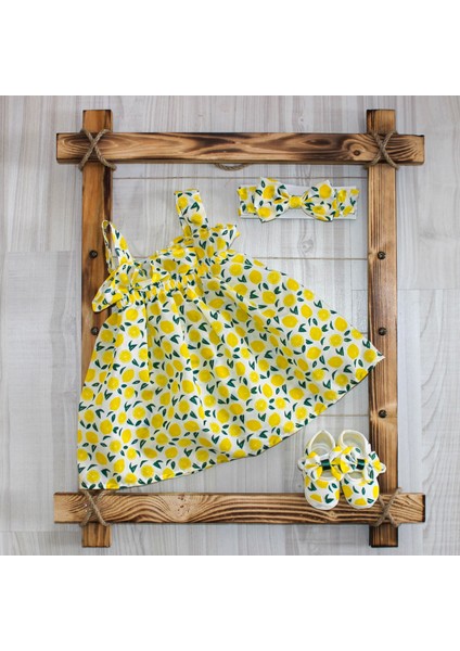 Kız Bebek Limon Baskılı Elbise Fiyonklu Bandana ve Ayakkabı 3'lü Takım
