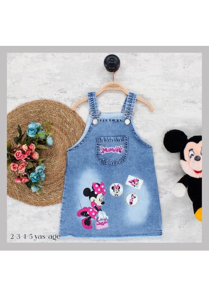Kız Çocuk Kot Jile Salopet Minnie Mouse Baskılı Denim Elbise - Model-10