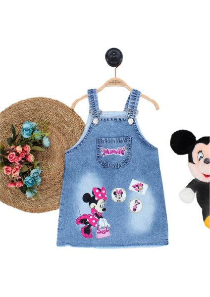 Kız Çocuk Kot Jile Salopet Minnie Mouse Baskılı Denim Elbise - Model-3
