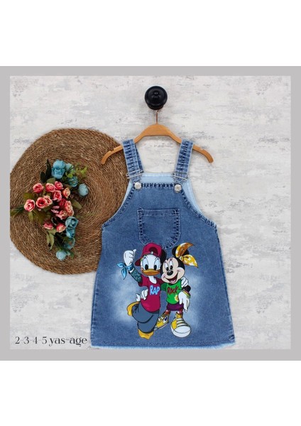 Kız Çocuk Kot Jile Salopet Minnie Mouse Baskılı Denim Elbise - Model-8