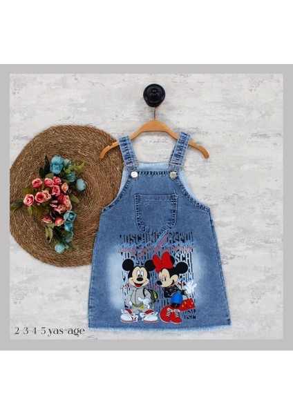 Kız Çocuk Kot Jile Salopet Minnie Mouse Baskılı Denim Elbise - Model-9