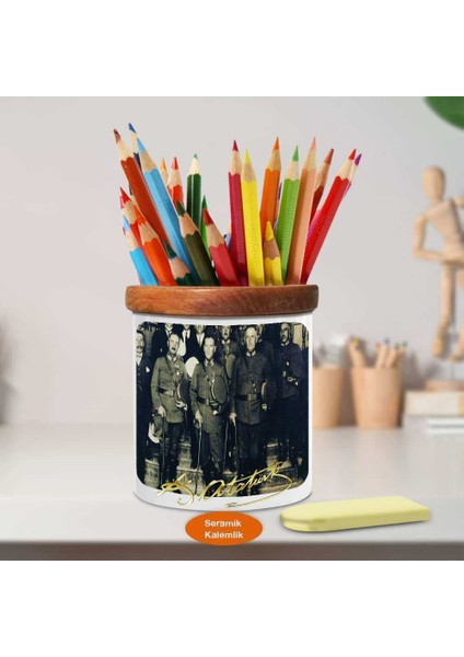 Ulu Önder Mustafa Kemal Atatürk Ahşap Seramik KALEMLIK-(1005)