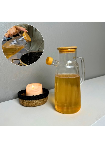 Borosilikat Cam Yağdanlık 1000 ml Bambu Kapaklı Yağ Sürahisi, Yağ ve Sirke Kabı