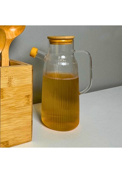 Borosilikat Cam Yağdanlık 1000 ml Bambu Kapaklı Yağ Sürahisi, Yağ ve Sirke Kabı