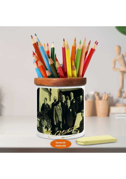 Lider Mustafa Kemal Atatürk Ahşap Seramik KALEMLIK-S422