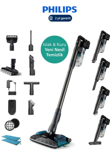 TriActive Akıllı LED başlık Aqua Plus 8000 Serisi-Islak & Kuru Çift Bataryalı Dik Süpürge 5 Aşamalı Filtreleme Sistemi Yıkanabilir Motor Filtreli