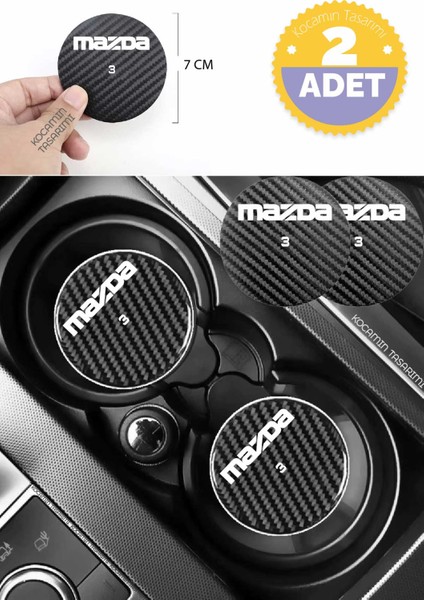 Mazda 3 Karbon Bardak Altlığı Mazda 3 Yazılı Spor ve Şık 2 Adet 7 cm Tasarım