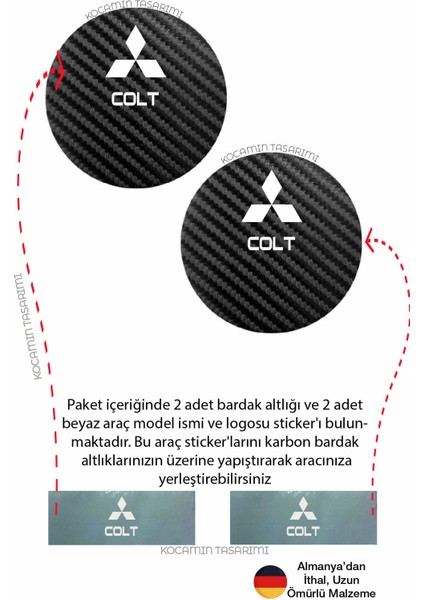 Mitsubishi Colt Yazılı Siyah Karbon Araç Bardak Altlığı Mitsubishi Logolu Colt Için Şık ve Spor 7 cm Tasarım 2 Adet