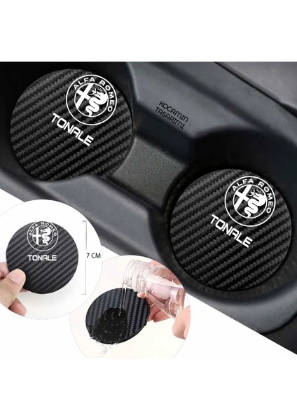 Alfa Romeo Tonale Siyah Karbon Bardak Altlığı Alfa Romeo Logolu Tonale Yazılı Dayanıklı 7 cm Tasarımı 2 Adet