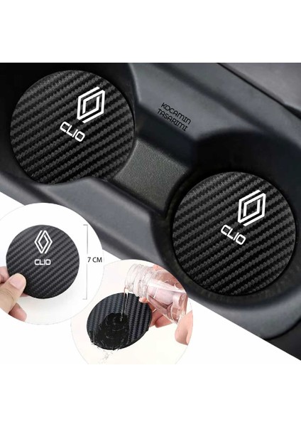 Renault Clio Siyah Karbon 7 cm Bardak Altlığı Renault Yazılı Clio Logolu 2 Adet Dayanıklı Şık Tasarım